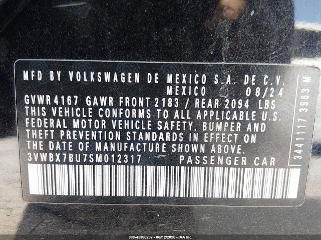 45360237 :رقم المزاد ، 3VWBX7BU7SM012317 vin ، 2025 Volkswagen Jetta 1.5t Sport مزاد بيع