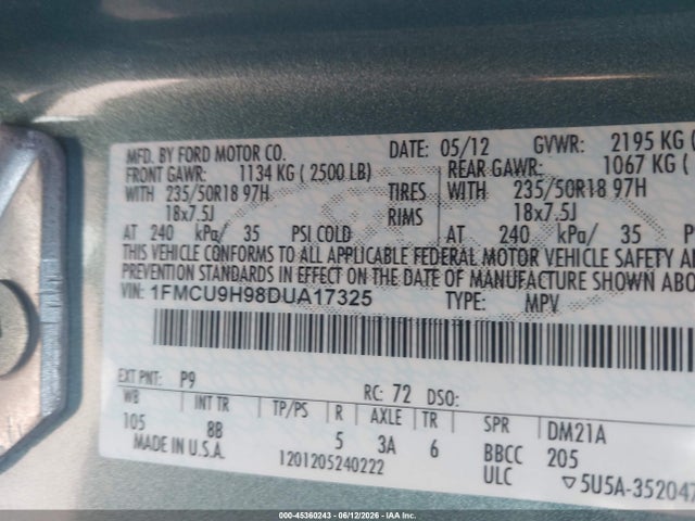 Продажа на аукционе авто 2013 Ford Escape Sel, vin: 1FMCU9H98DUA17325, номер лота: 45360243