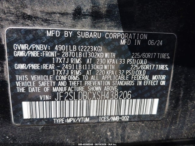 45360249 :رقم المزاد ، JF2SLDBCXSH438206 vin ، 2025 Subaru Forester Premium مزاد بيع