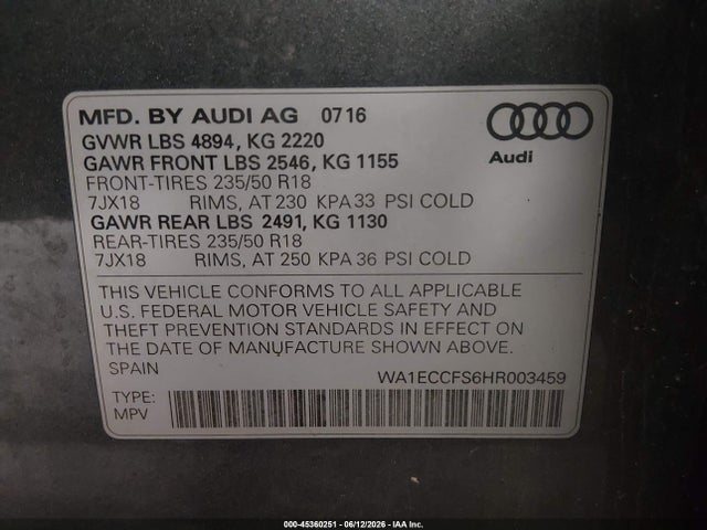 Auction sale of the 2017 Audi Q3 2.0t Premium, vin: WA1ECCFS6HR003459, lot number: 45360251