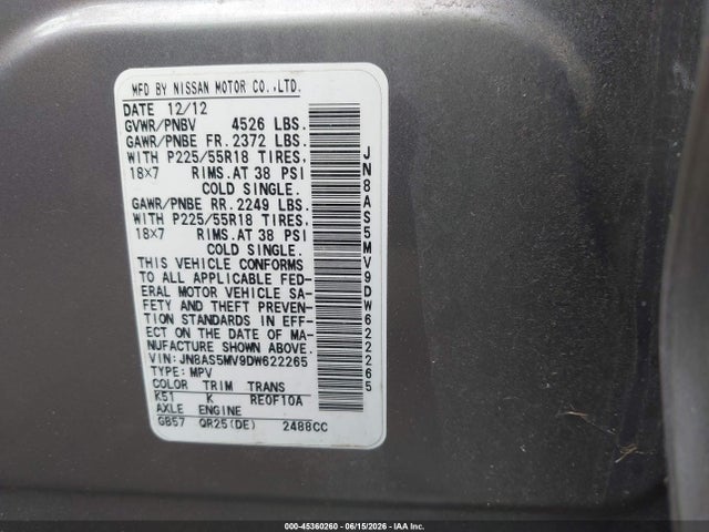Aukcja sprzedaży 2013 Nissan Rogue Sv W/sl Pkg, vin: JN8AS5MV9DW622265, numer aukcji: 45360260