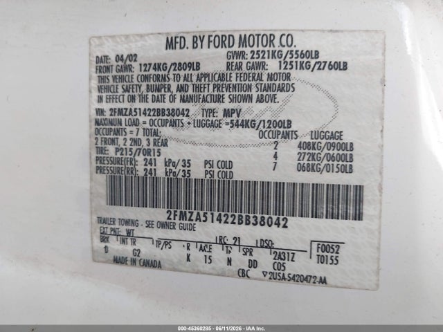 Aukcja sprzedaży 2002 Ford Windstar Lx, vin: 2FMZA51422BB38042, numer aukcji: 45360285