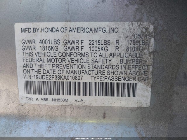 45360290 :رقم المزاد ، 19UDE2F38KA010807 vin ، 2019 Acura Ilx Standard مزاد بيع