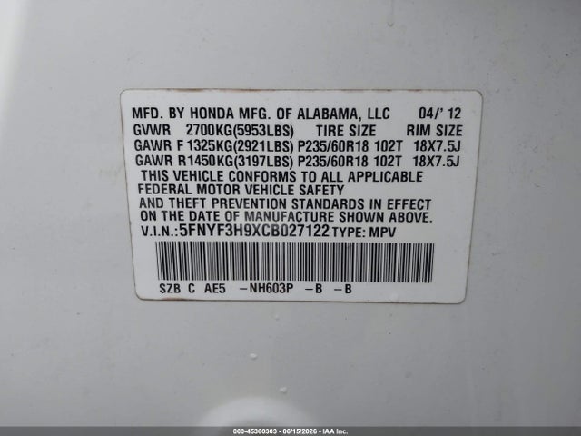 Продаж на аукціоні авто 2012 Honda Pilot Touring, vin: 5FNYF3H9XCB027122, номер лоту: 45360303