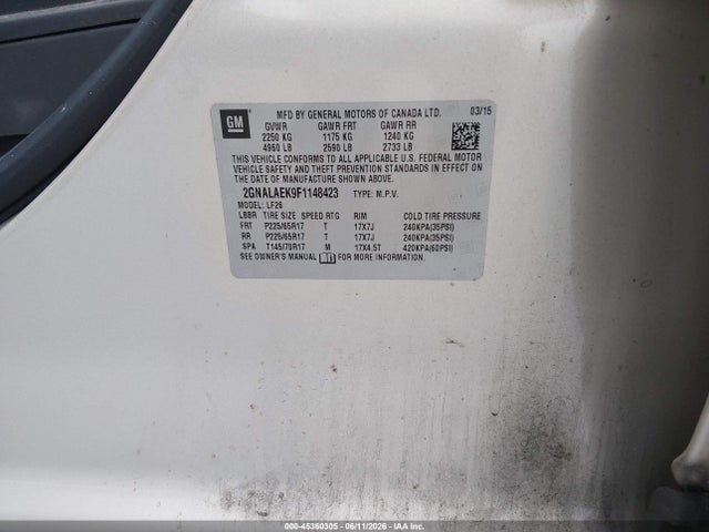 Aukcja sprzedaży 2015 Chevrolet Equinox Ls, vin: 2GNALAEK9F1148423, numer aukcji: 45360305