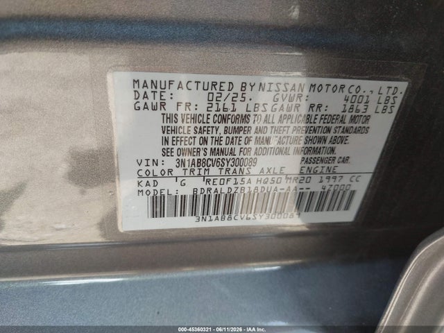Aukcja sprzedaży 2025 Nissan Sentra Sv, vin: 3N1AB8CV6SY300089, numer aukcji: 45360321