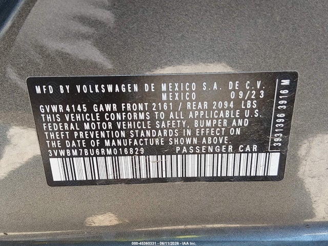 2024 Volkswagen Jetta 1.5t Sport მანქანა იყიდება აუქციონზე, vin: 3VWBM7BU6RM016829, აუქციონის ნომერი: 45360331