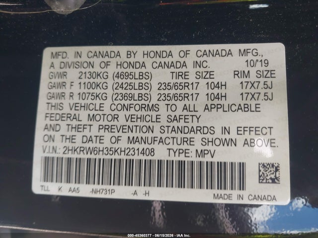 2HKRW6H35KH231408 Honda CR-V LX