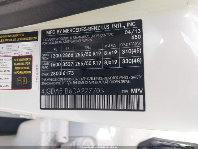 2013 Mercedes-benz Ml 350 მანქანა იყიდება აუქციონზე, vin: 4JGDA5JB6DA227703, აუქციონის ნომერი: 45360390