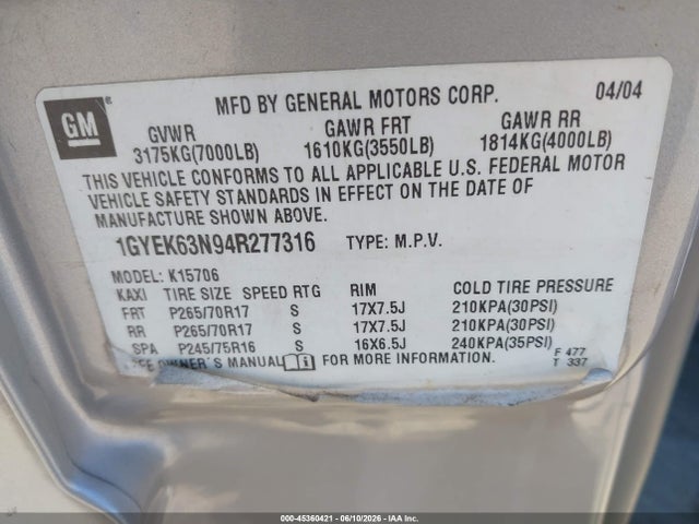 Продаж на аукціоні авто 2004 Cadillac Escalade Standard, vin: 1GYEK63N94R277316, номер лоту: 45360421