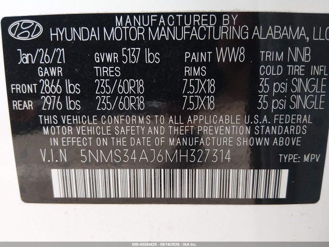Продаж на аукціоні авто 2021 Hyundai Santa Fe Sel, vin: 5NMS34AJ6MH327314, номер лоту: 45360425