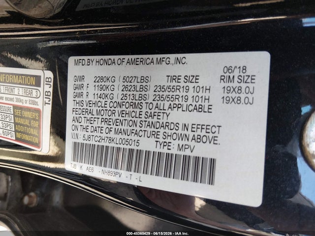 Auction sale of the 2019 Acura Rdx Advance Package, vin: 5J8TC2H78KL005015, lot number: 45360429