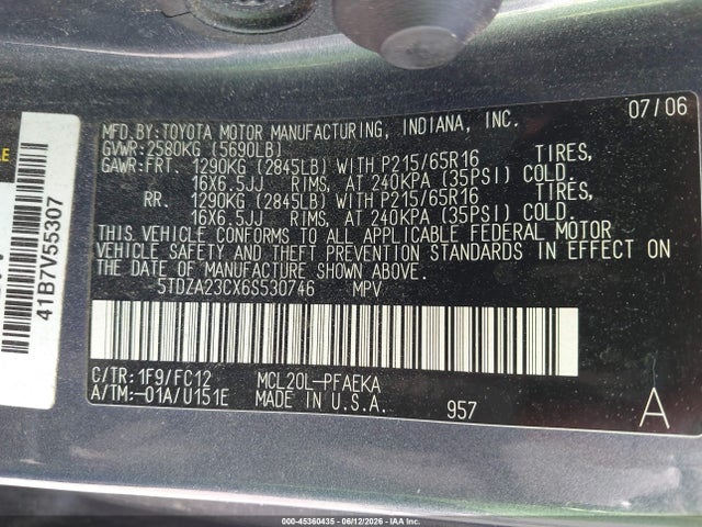 Aukcja sprzedaży 2006 Toyota Sienna Le, vin: 5TDZA23CX6S530746, numer aukcji: 45360435