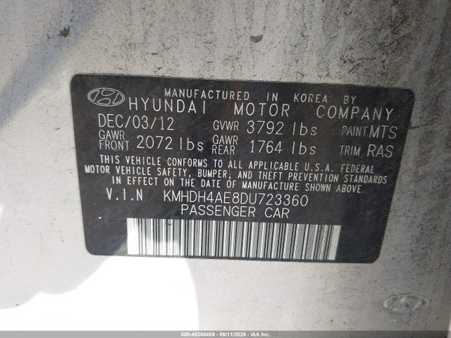 45360459 :رقم المزاد ، KMHDH4AE8DU723360 vin ، 2013 Hyundai Elantra Gls مزاد بيع