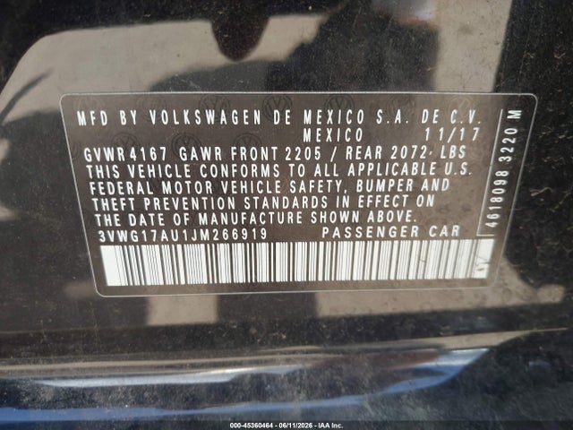 Aukcja sprzedaży 2018 Volkswagen Golf Tsi S/tsi Se, vin: 3VWG17AU1JM266919, numer aukcji: 45360464