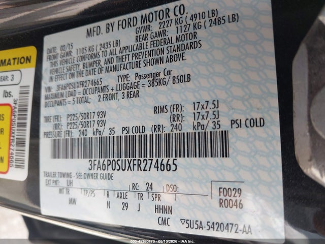 45360470 :رقم المزاد ، 3FA6P0SUXFR274665 vin ، 2015 Ford Fusion Energi Titanium مزاد بيع