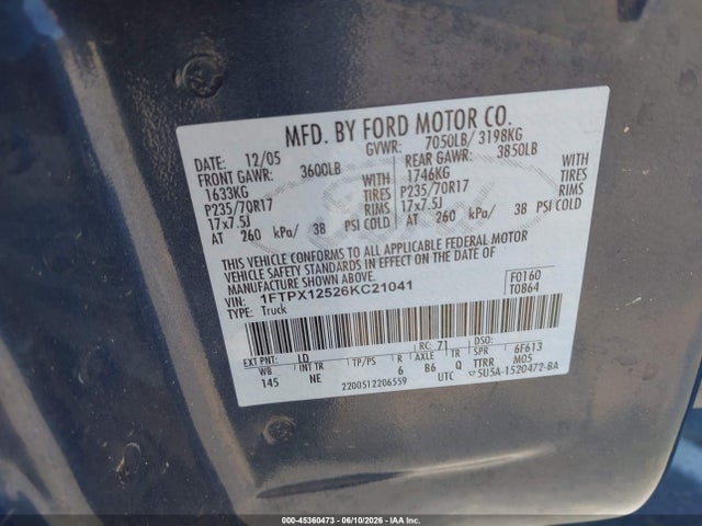 45360473 :رقم المزاد ، 1FTPX12526KC21041 vin ، 2006 Ford F-150 Lariat/xl/xlt مزاد بيع
