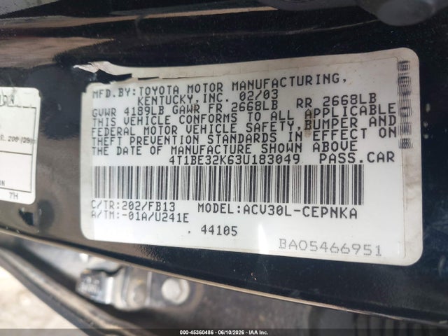 2003 Toyota Camry Le მანქანა იყიდება აუქციონზე, vin: 4T1BE32K63U183049, აუქციონის ნომერი: 45360486
