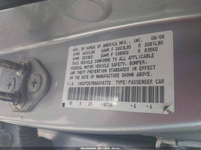 2009 Honda Accord 2.4 Ex მანქანა იყიდება აუქციონზე, vin: 1HGCP26789A016772, აუქციონის ნომერი: 45360499