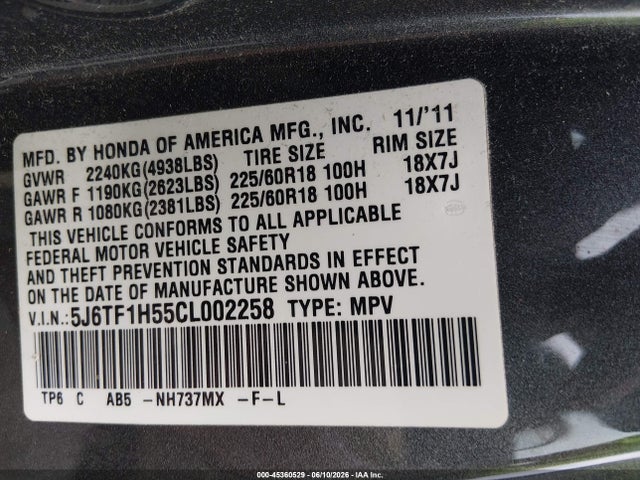 45360529 :رقم المزاد ، 5J6TF1H55CL002258 vin ، 2012 Honda Crosstour Ex-l مزاد بيع