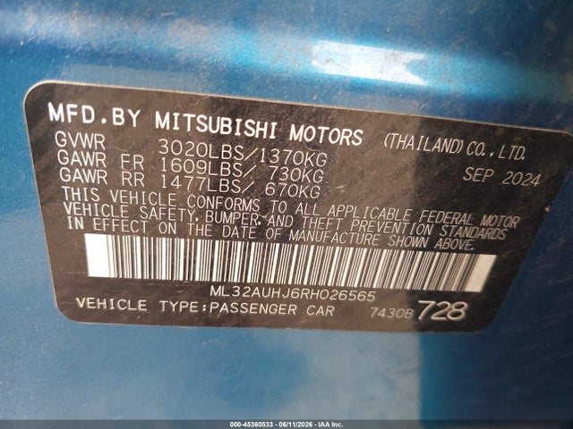 Продаж на аукціоні авто 2024 Mitsubishi Mirage Es/le, vin: ML32AUHJ6RH026565, номер лоту: 45360533