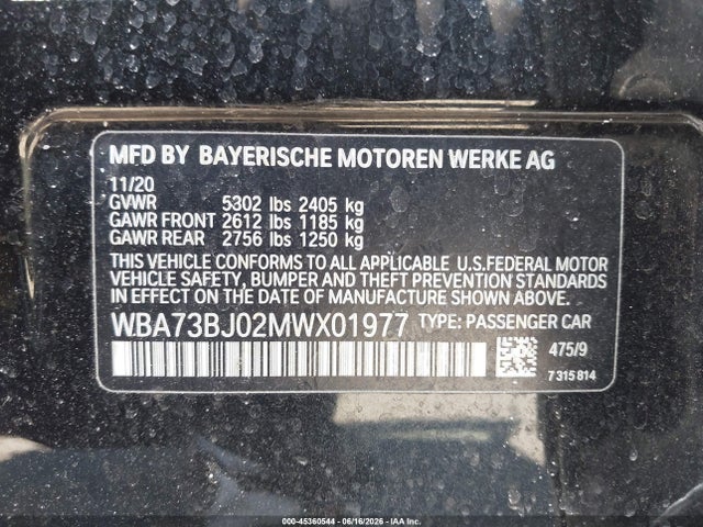45360544 :رقم المزاد ، WBA73BJ02MWX01977 vin ، 2021 Bmw 540i Xdrive مزاد بيع