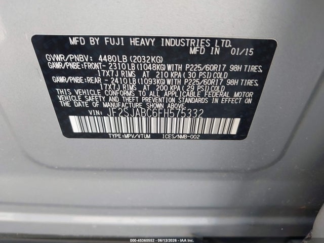 Продаж на аукціоні авто 2015 Subaru Forester 2.5i, vin: JF2SJABC6FH575332, номер лоту: 45360552