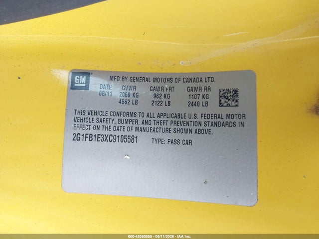 45360555 :رقم المزاد ، 2G1FB1E3XC9105581 vin ، 2012 Chevrolet Camaro 1lt مزاد بيع