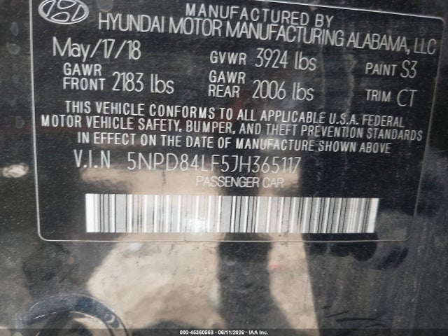 45360568 :رقم المزاد ، 5NPD84LF5JH365117 vin ، 2018 Hyundai Elantra Sel مزاد بيع