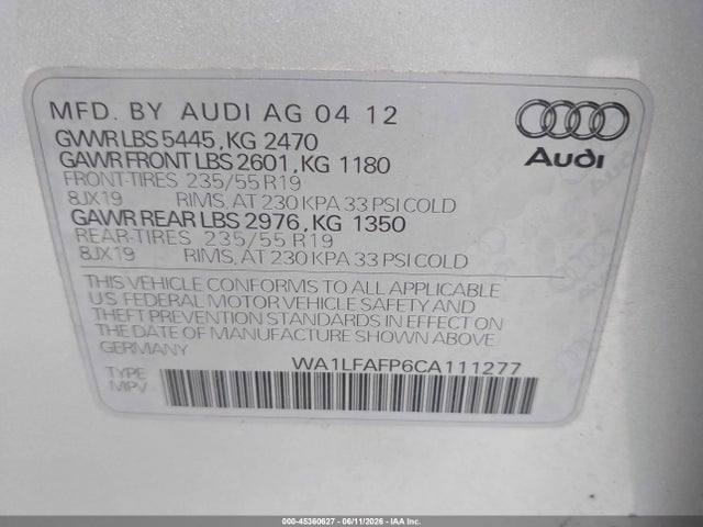 2012 Audi Q5 2.0t Premium მანქანა იყიდება აუქციონზე, vin: WA1LFAFP6CA111277, აუქციონის ნომერი: 45360627