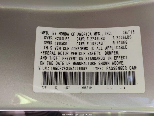 Honda ACCORD LX 2016 1HGCR2F30GA009982 Image 9