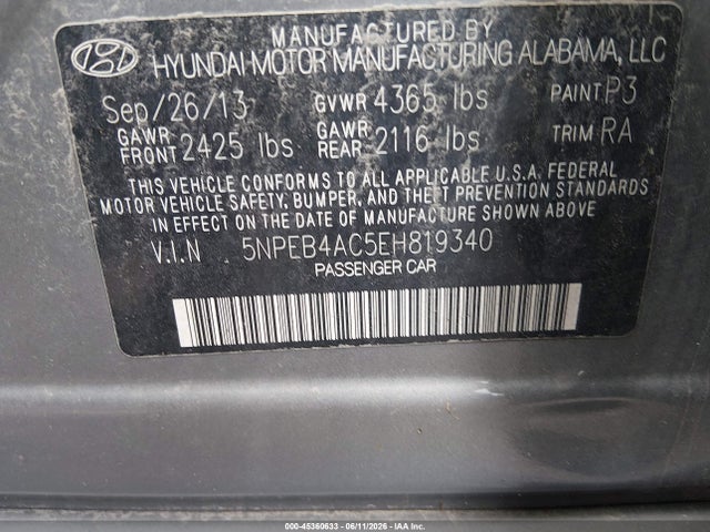 Продажа на аукционе авто 2014 Hyundai Sonata Gls, vin: 5NPEB4AC5EH819340, номер лота: 45360633