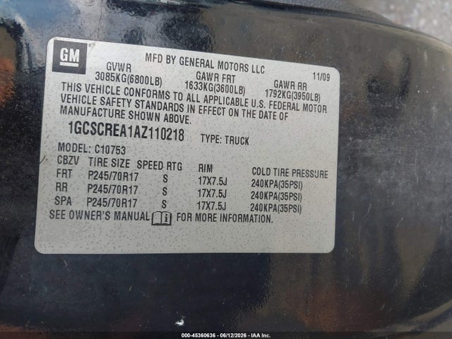 Продажа на аукционе авто 2010 Chevrolet Silverado 1500 Ls, vin: 1GCSCREA1AZ110218, номер лота: 45360636