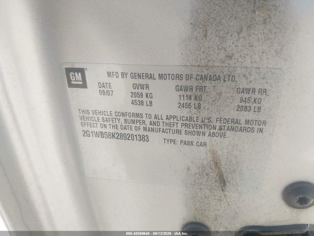 45360640 :رقم المزاد ، 2G1WB58K289201383 vin ، 2008 Chevrolet Impala Ls مزاد بيع