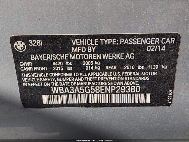 Auction sale of the 2014 Bmw 328i, vin: WBA3A5G58ENP29380, lot number: 45360648