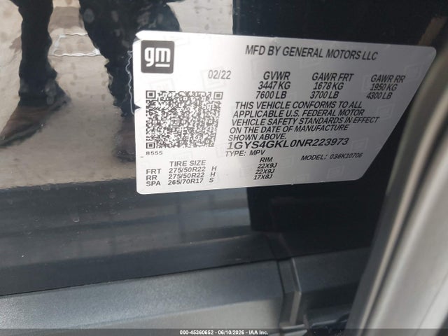 2022 Cadillac Escalade 4wd Sport Platinum მანქანა იყიდება აუქციონზე, vin: 1GYS4GKL0NR223973, აუქციონის ნომერი: 45360652