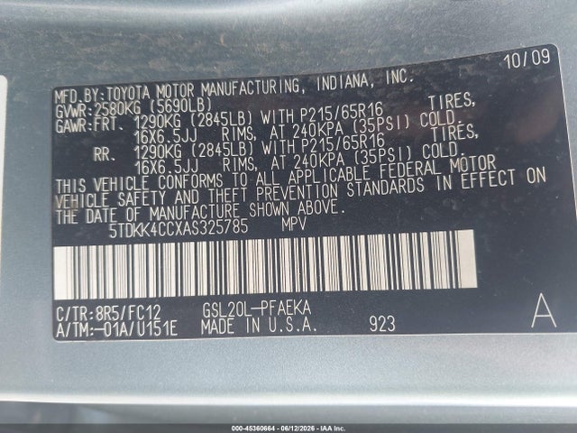 45360664 :رقم المزاد ، 5TDKK4CCXAS325785 vin ، 2010 Toyota Sienna Le مزاد بيع