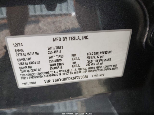 Aukcja sprzedaży 2025 Tesla Model Y Long Range Dual Motor Rear-wheel Drive, vin: 7SAYGDEDXSF270085, numer aukcji: 45360666
