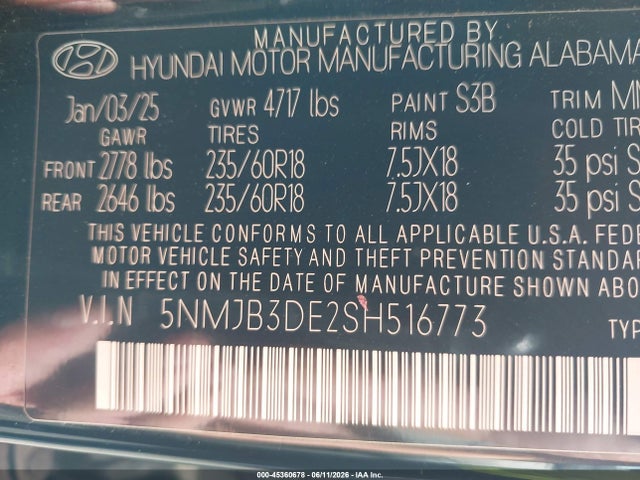 Продажа на аукционе авто 2025 Hyundai Tucson Sel, vin: 5NMJB3DE2SH516773, номер лота: 45360678