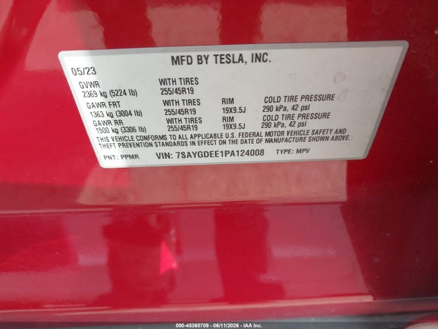 2023 Tesla Model Y Awd/long Range Dual Motor All-wheel Drive მანქანა იყიდება აუქციონზე, vin: 7SAYGDEE1PA124008, აუქციონის ნომერი: 45360709