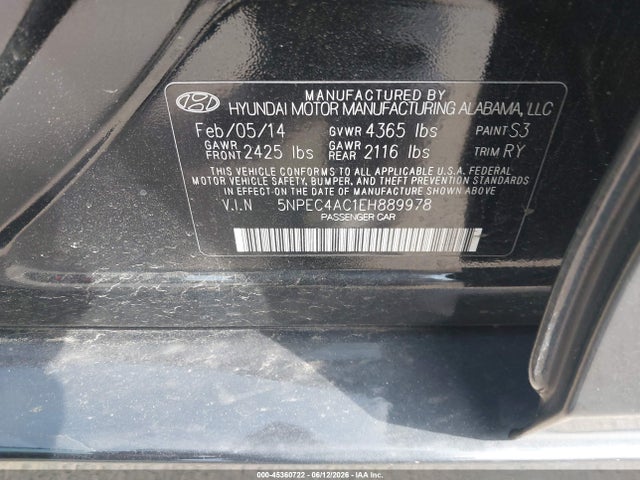 2014 Hyundai Sonata Se მანქანა იყიდება აუქციონზე, vin: 5NPEC4AC1EH889978, აუქციონის ნომერი: 45360722