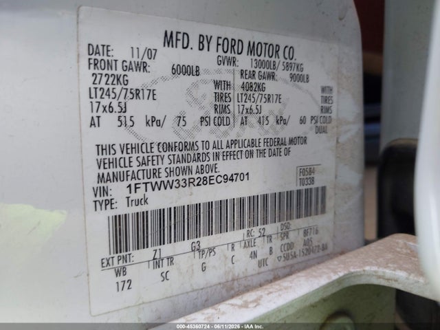 Aukcja sprzedaży 2008 Ford F-350 King Ranch, vin: 1FTWW33R28EC94701, numer aukcji: 45360724