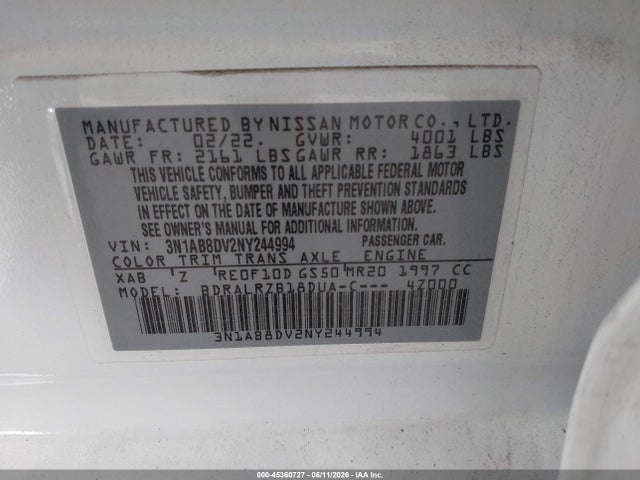 2022 Nissan Sentra Sr Xtronic Cvt მანქანა იყიდება აუქციონზე, vin: 3N1AB8DV2NY244994, აუქციონის ნომერი: 45360727