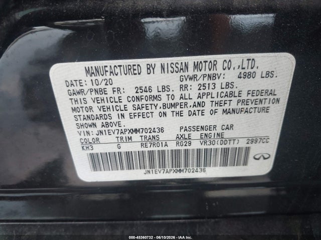 Aukcja sprzedaży 2021 Infiniti Q50 Pure, vin: JN1EV7APXMM702436, numer aukcji: 45360732
