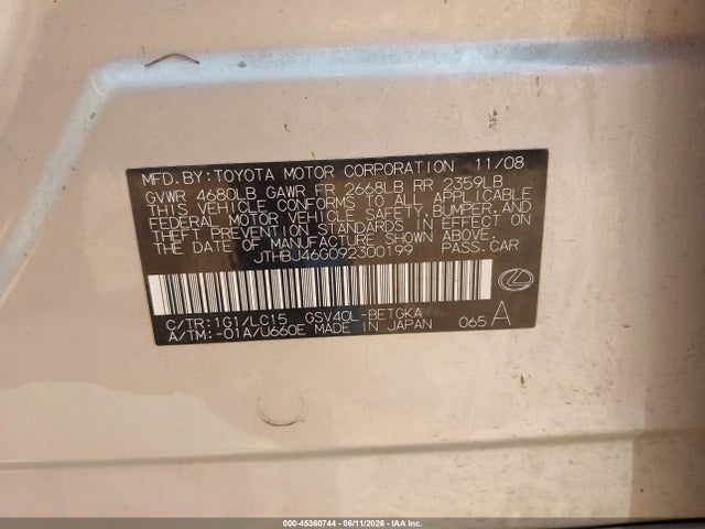 Aukcja sprzedaży 2009 Lexus Es 350, vin: JTHBJ46G092300199, numer aukcji: 45360744