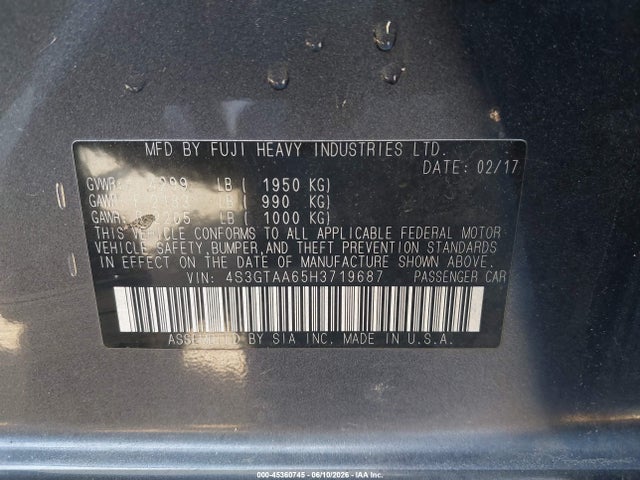 45360745 :رقم المزاد ، 4S3GTAA65H3719687 vin ، 2017 Subaru Impreza 2.0i مزاد بيع