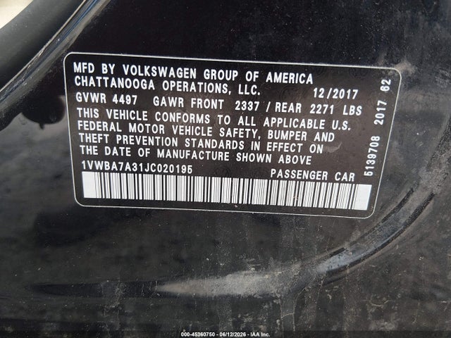 Продажа на аукционе авто 2018 Volkswagen Passat 2.0t Se, vin: 1VWBA7A31JC020195, номер лота: 45360750