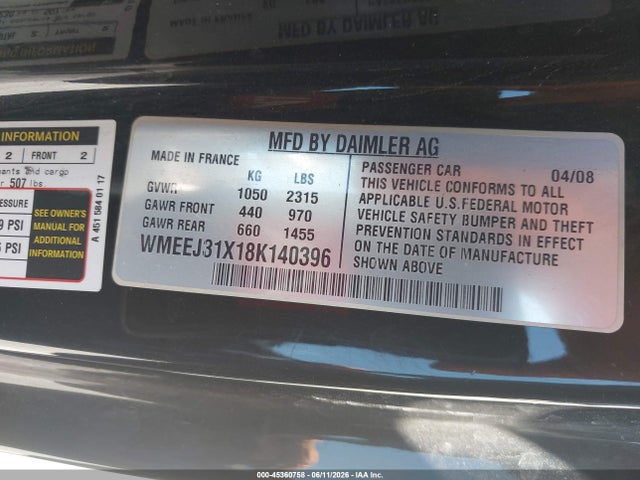 2008 Smart Fortwo Passion/pure მანქანა იყიდება აუქციონზე, vin: WMEEJ31X18K140396, აუქციონის ნომერი: 45360758
