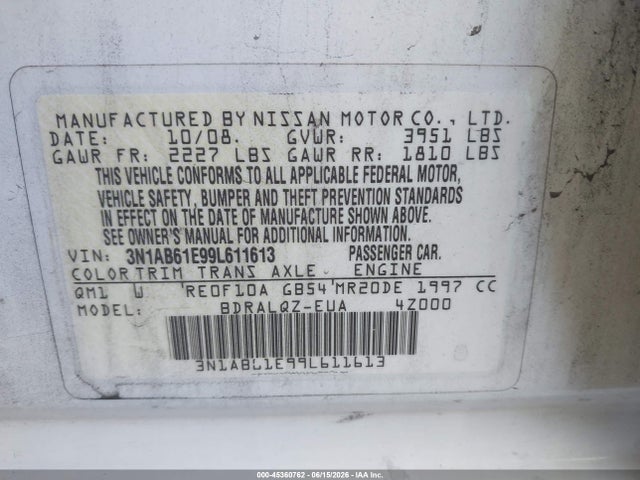 45360762 :رقم المزاد ، 3N1AB61E99L611613 vin ، 2009 Nissan Sentra 2.0 مزاد بيع