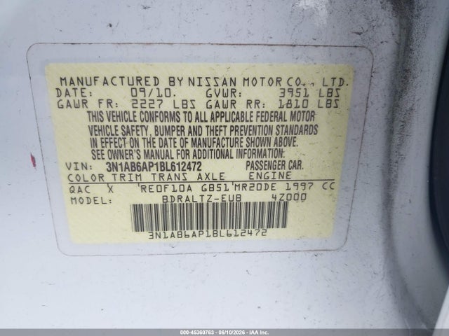 Продаж на аукціоні авто 2011 Nissan Sentra 2.0s, vin: 3N1AB6AP1BL612472, номер лоту: 45360763